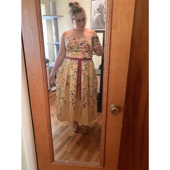 MARCHESA NOTTE Yellow Floral Printed Mikado Strapless Tea Midi Dress Size 18 - Picture 13 of 13